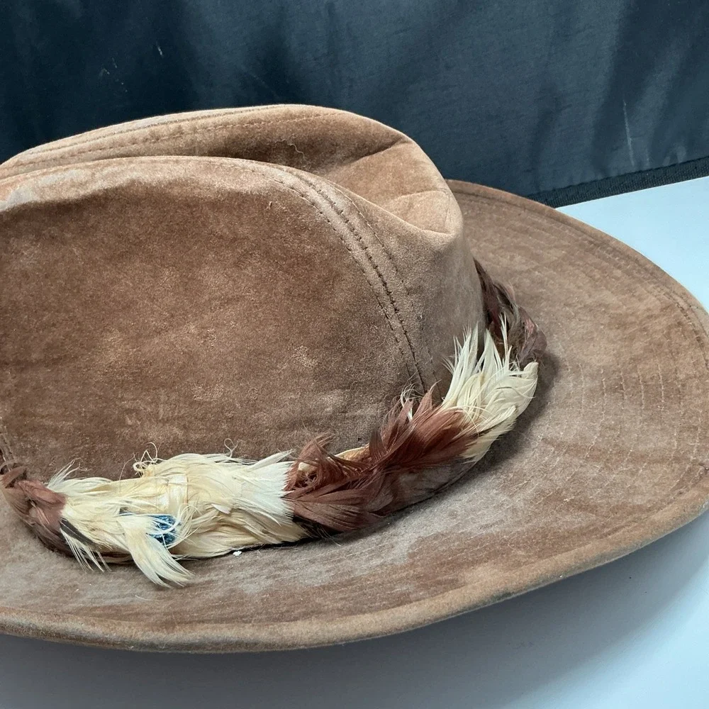 Vintage Longhorn by YA XL Cowboy Hat Distressed Brown Cotton Rayon Feather Band
